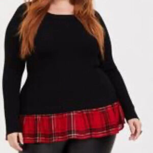 TORRID Black Rib & Red Plaid Hi-Lo Sweater Size 00
